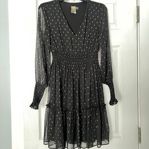 Taylor Chiffon Black Gold Midi Dress Size 2